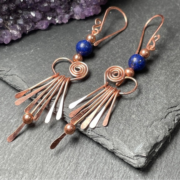 Genuine Blue Lapiz Lazuli Beaded Fringe Copper Earrings Artisan Designed - Picture 2 of 15